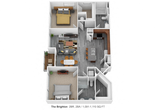 Floor plan for 2 beds, 2 baths, 1110 sqft